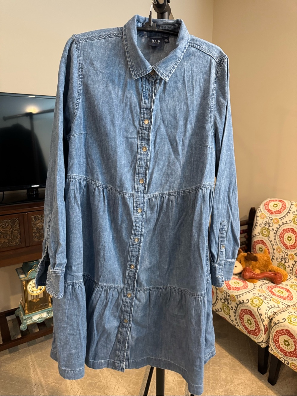 GAP Blue Denim Button-Front Tiered Mini Dress